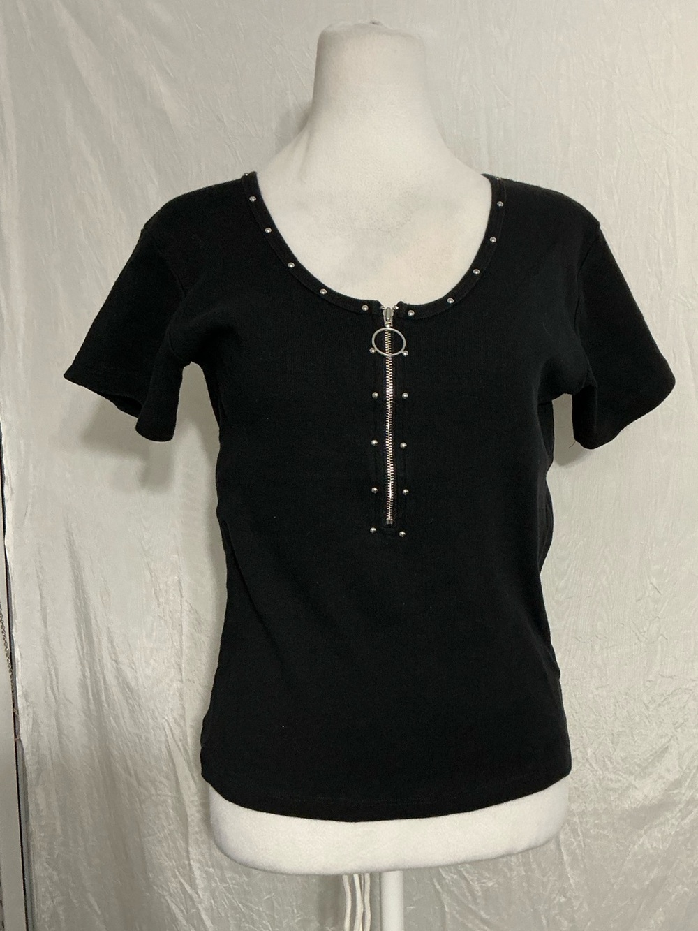 Studded Black Short-Sleeve Henley Tee with Ring Accent